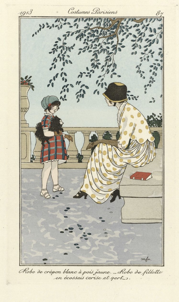 Abito Crépon bianco a pois gialli - Abito da bambina in tartan ciliegia e verde, da Costumes Parisien, pub.1913 (stampa a stencil) da French School