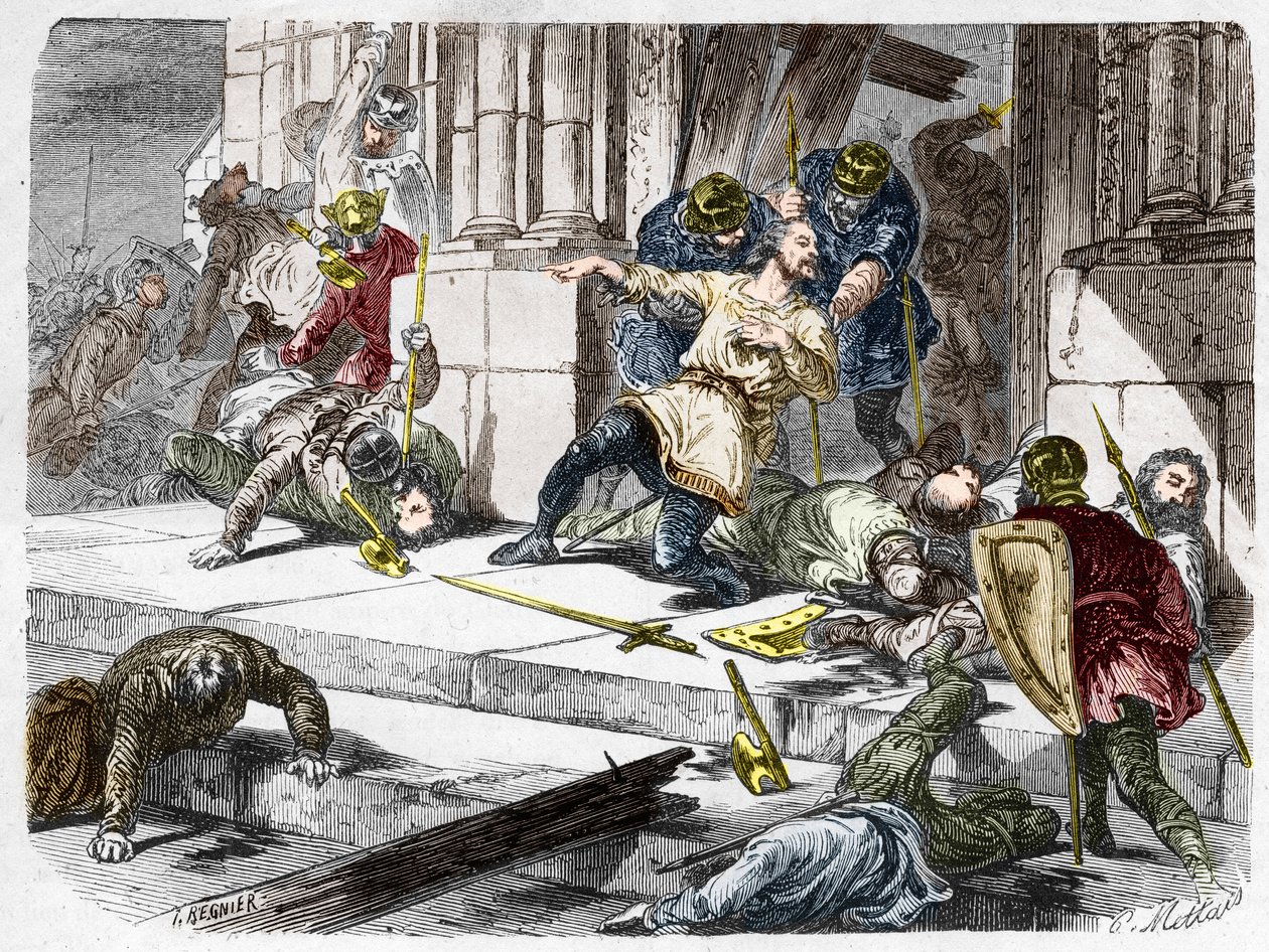 Roberto il Forte (circa 815-866), duca di Francia, durante la battaglia di Brissarthe nel 866, che oppose i Franchi a un esercito combinato di Bretoni e Vichinghi. Incisione in "Histoire De France En Cent Tableaux" di Paul Lehugeur, 1891 da French School