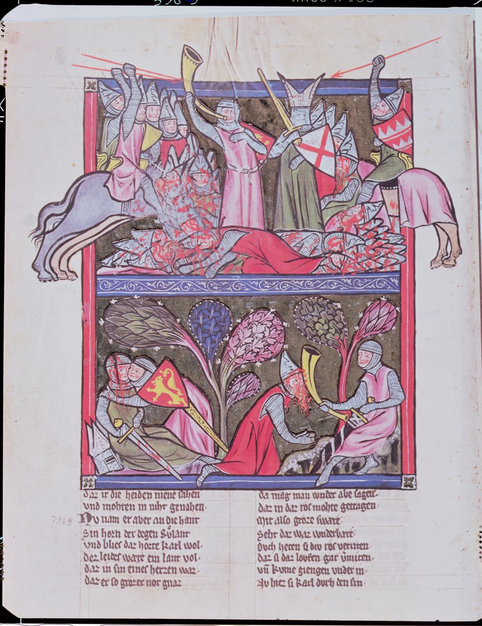 Rolando suona il corno a Roncevaux, illustrazione da Le Chanson de Roland, copia di un manoscritto originale conservato a Saint-Gall in Svizzera da French School