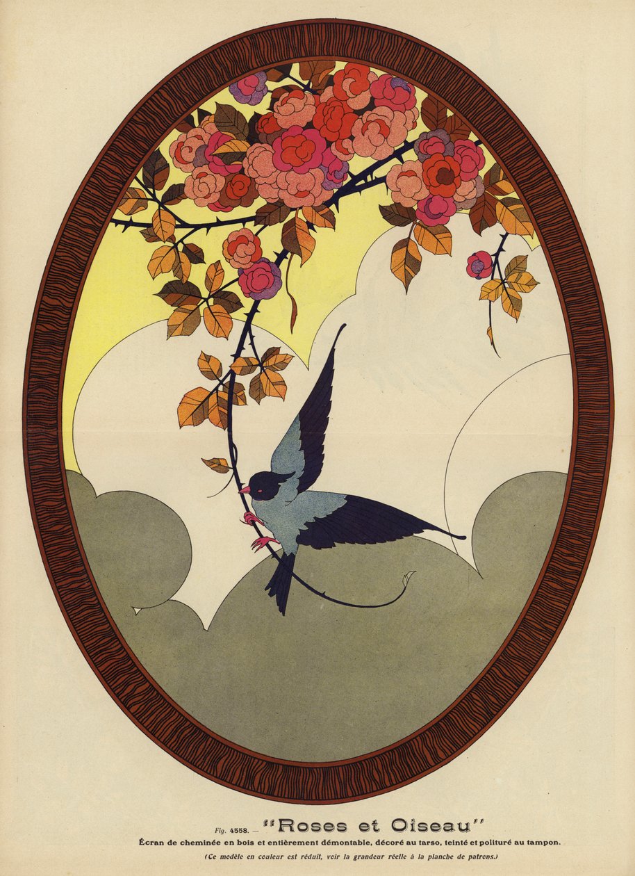 Rose e uccelli (litografia a colori) da French School