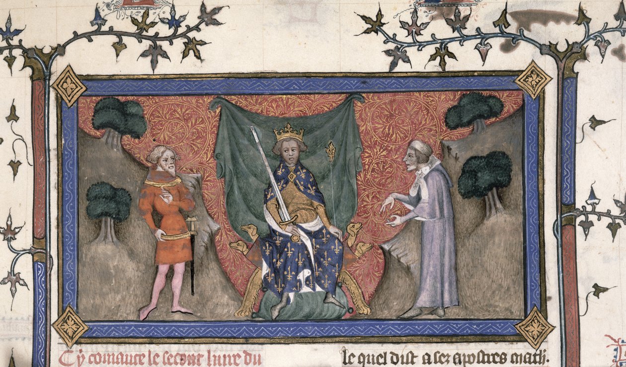 Re Carlo V di Francia in trono con corona, spada e scettro tra un cavaliere e un chierico da French School