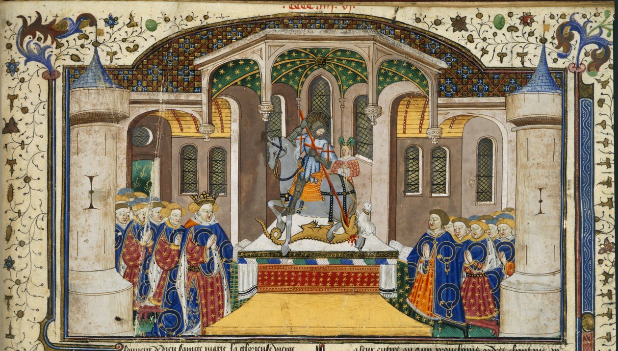 Royal 15 E. VI, f.439 Re Enrico VI e cavalieri raggruppati intorno a un altare, sormontato da San Giorgio e il drago, dal 