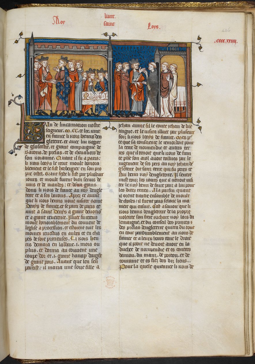 Royal 16 G VI f.426r Miniatura di Enrico III che visita Luigi IX, ed Enrico III a St Denis, pagina da 