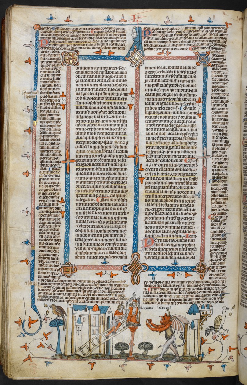 Royal MS 10 E IV, f.209v, Il pittore e il diavolo, dai Decretali di Gregorio IX con glossa di Bernardo di Parma (i 