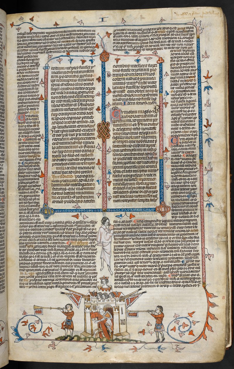 Scena di bas-de-page di un cavaliere a cavallo che emerge da un castello, c.1300-40 da French School