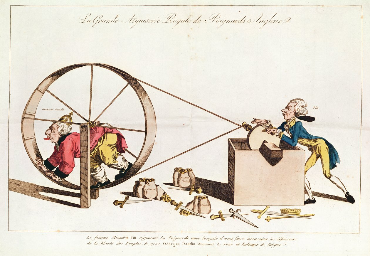 Servizio reale di affilatura per affilare pugnali inglesi, 1794 (incisione colorata a mano) da French School