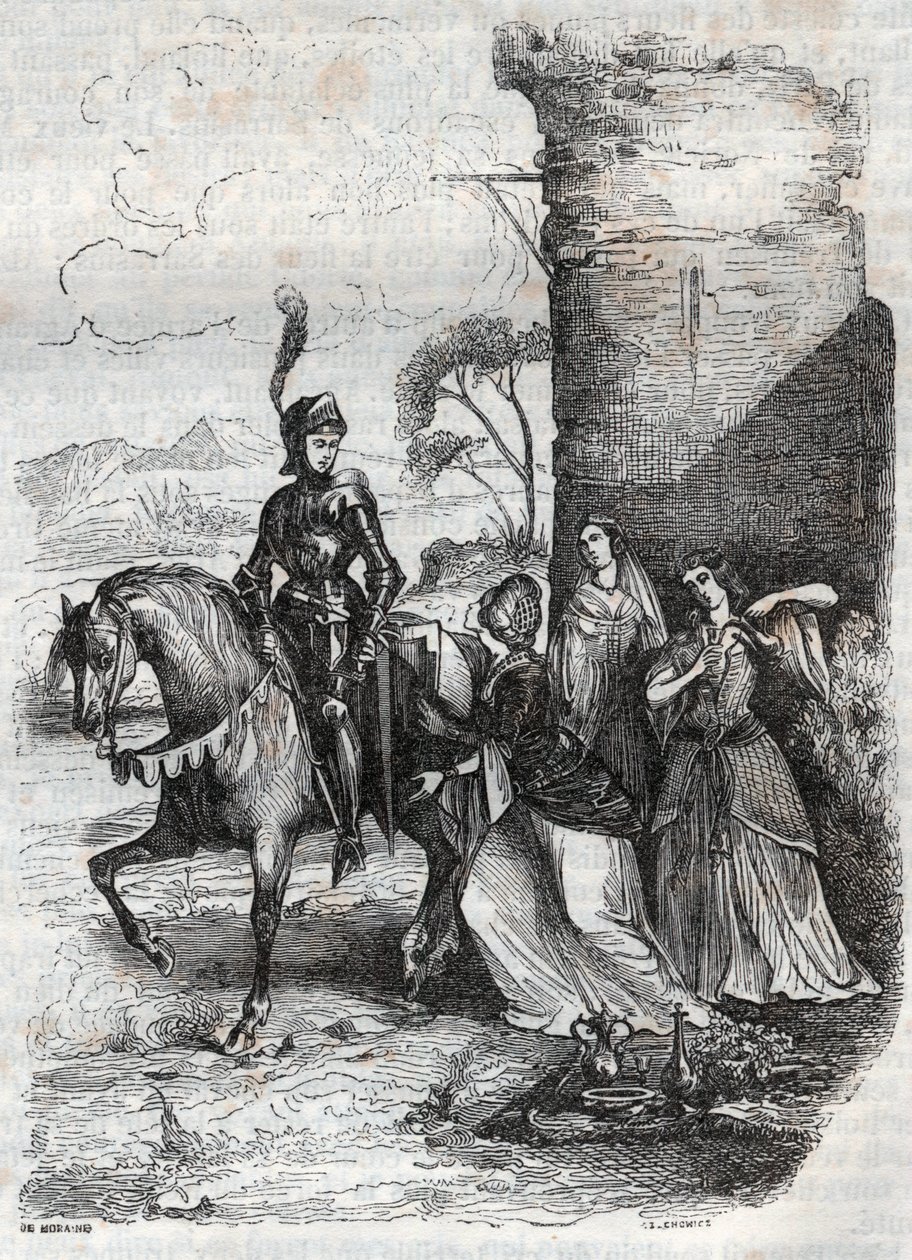 Ruggiero e tre ninfe dalla corte di Alcina - incisione del 1851 dal poema Orlando furioso da French School