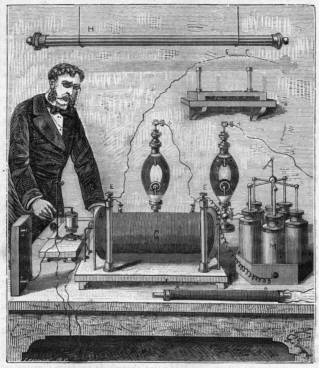 Induttore di Ruhmkorff - La bobina di induzione di Ruhmkorff (Heinrich Daniel Ruhmkorff) - Incisione in "Sciences made available to everyone - physics and chemistry" di Alexis Clerc - Fine XIX secolo - Collezione privata da French School