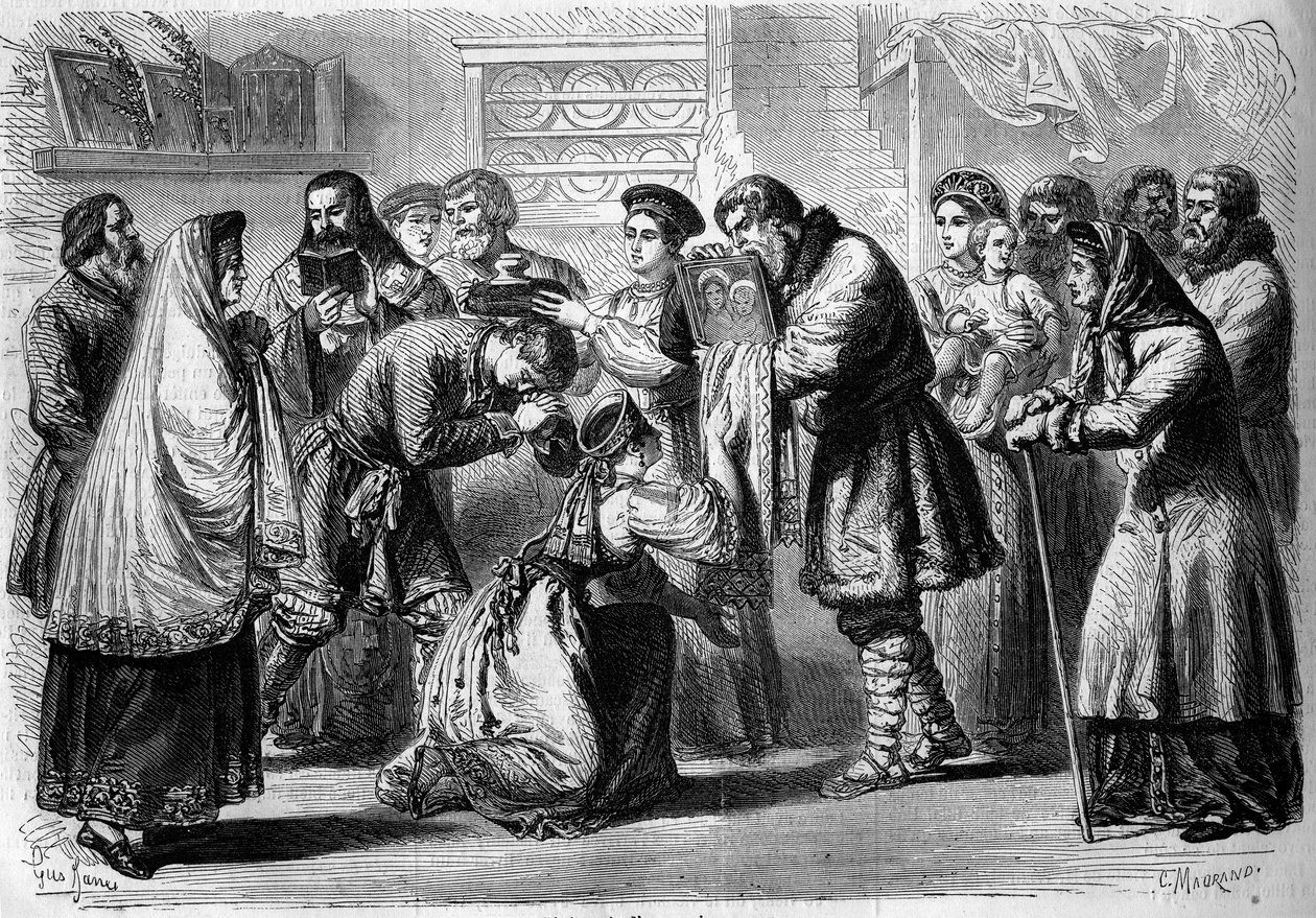 Usanze russe - Matrimonio - 1860: cerimonia pre-matrimoniale. Il padrino e la madrina benedicono i futuri sposi. Il padrino presenta loro l