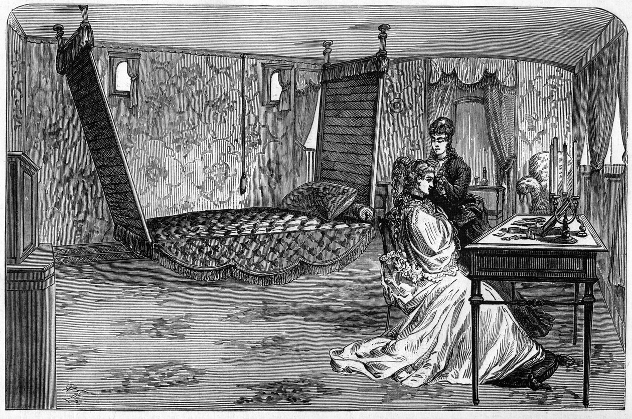 Treno imperiale russo usato dal Duca e dalla Duchessa di Edimburgo nel 1874: il vagone letto. Incisione in "Le Monde Illustré" n.886 del 6 aprile 1874 da French School