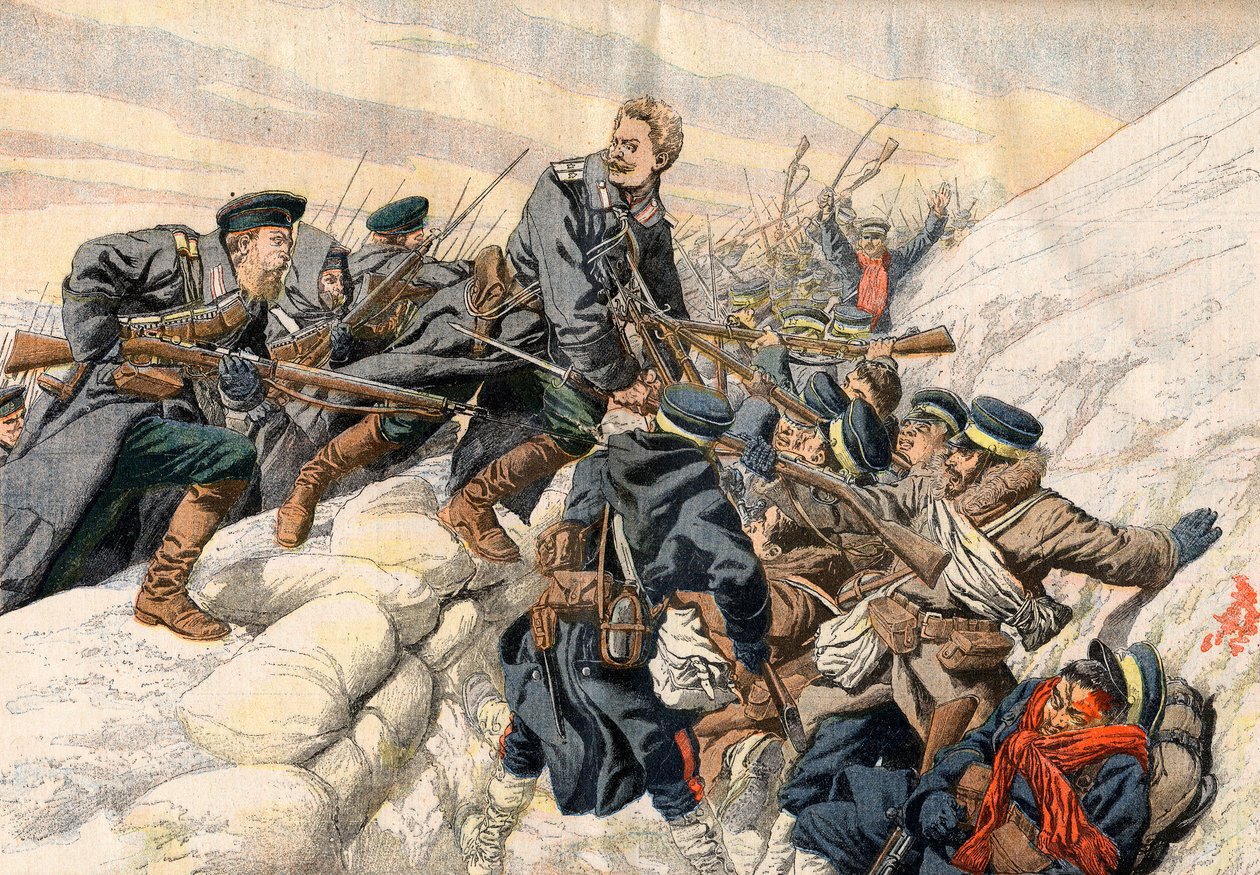 Guerra russo-giapponese - Combattimenti nelle trincee a Port Arthur, guerra russo-giapponese. La morte eroica del tenente russo Alexander - Nelle trincee di Port Arthur. Morte eroica del tenente russo Alexander. Illustrazione per Le Petit Journal da French School