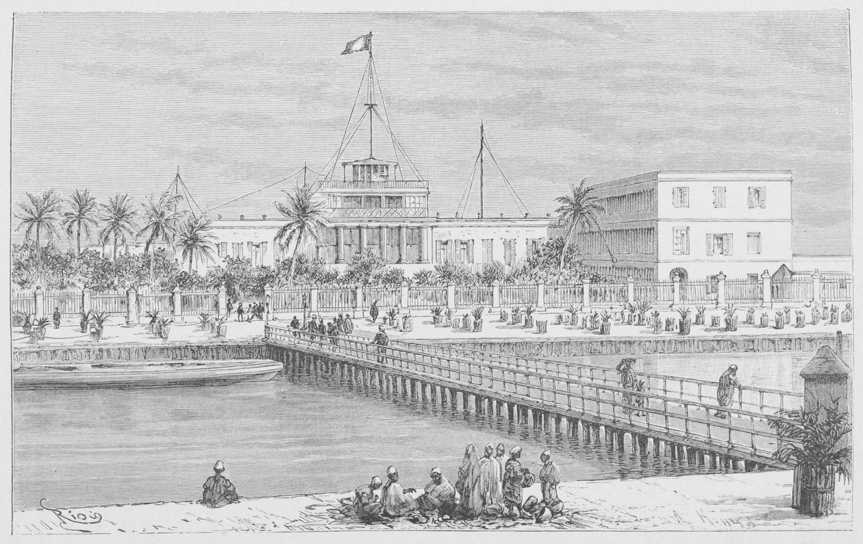 Saint-Louis, vista di N"Dar, Pont de Guet, illustrazione da "Le Senegal..." di Louis Leon Faidherbe, 1889 da French School