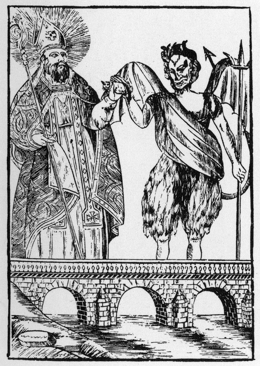 San Cado (o Cadoc o Catuod o Catoc o Cazut o Cadochus) santo leggendario cristiano dà un gatto al diavolo in cambio della costruzione di un ponte - immagini popolari Perret da French School