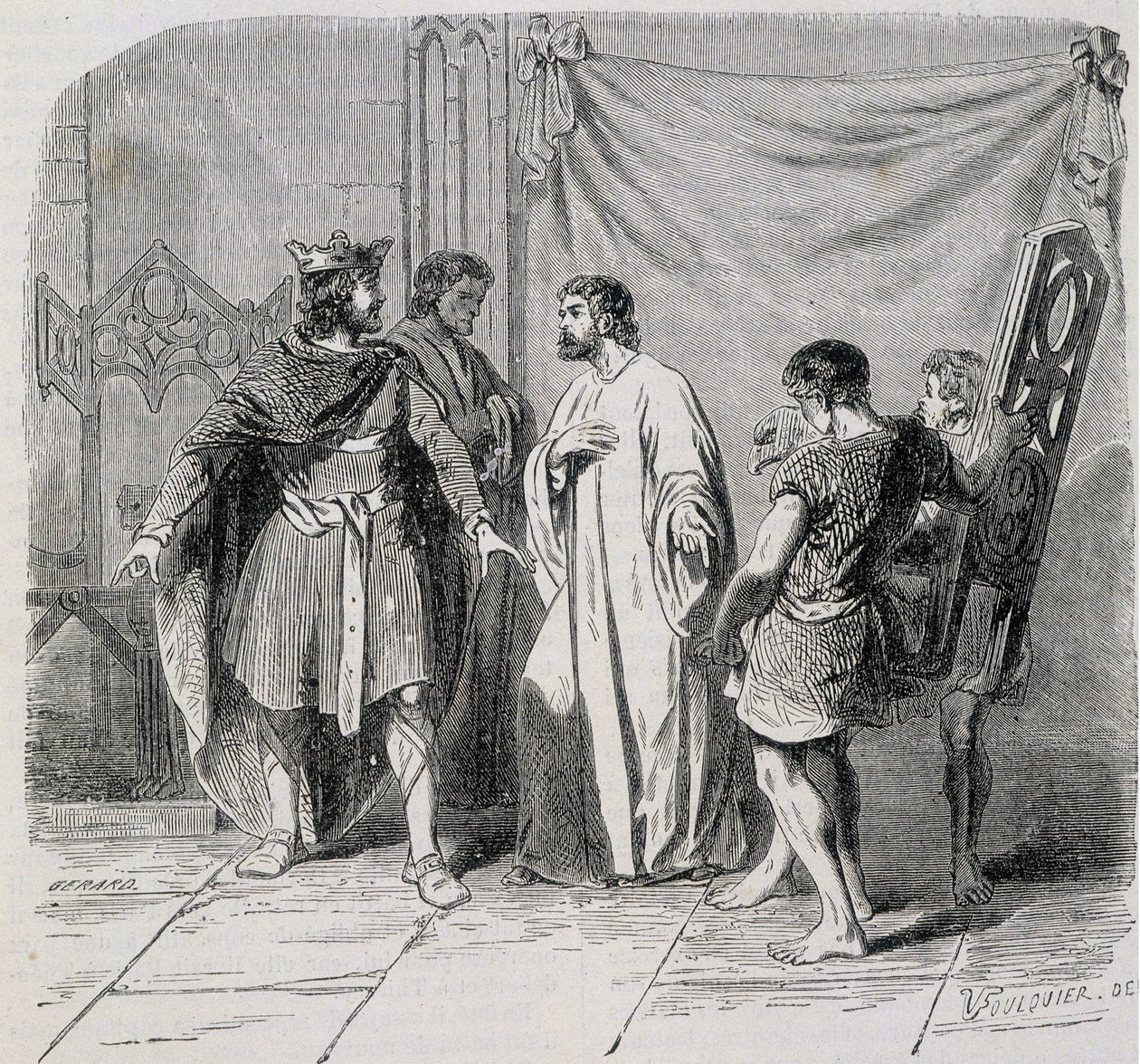San Eloi e Dagoberto: Dagoberto fu stupito quando Eloi gli presentò la seconda poltrona - incisione XIX secolo da French School