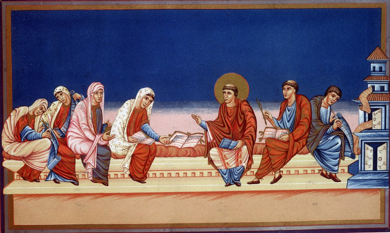San Girolamo che spiega il Vangelo a Eustochia e Paola, IX secolo da French School