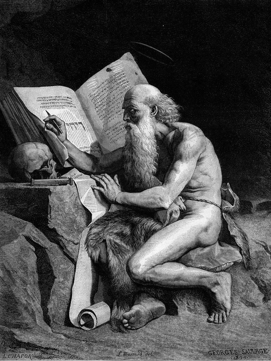San Girolamo nel deserto. Incisione dal dipinto di Georges Sauvage (Auguste Albert Georges Sauvage detto). Incisione in "Le Monde Illustré" n.1196 del 28 febbraio da French School