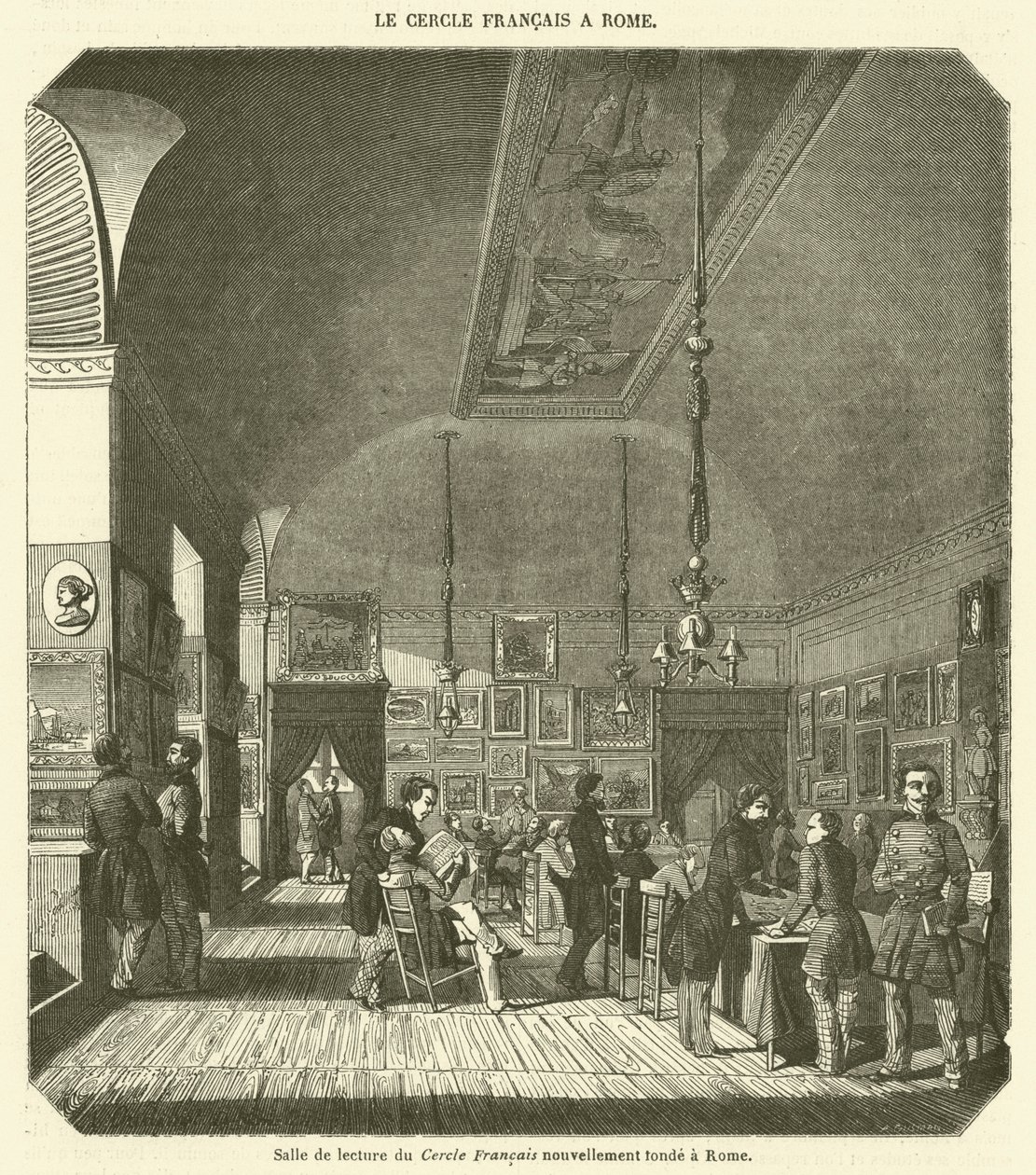 Sala di lettura del Cercle Francais appena fondato a Roma (incisione) da French School