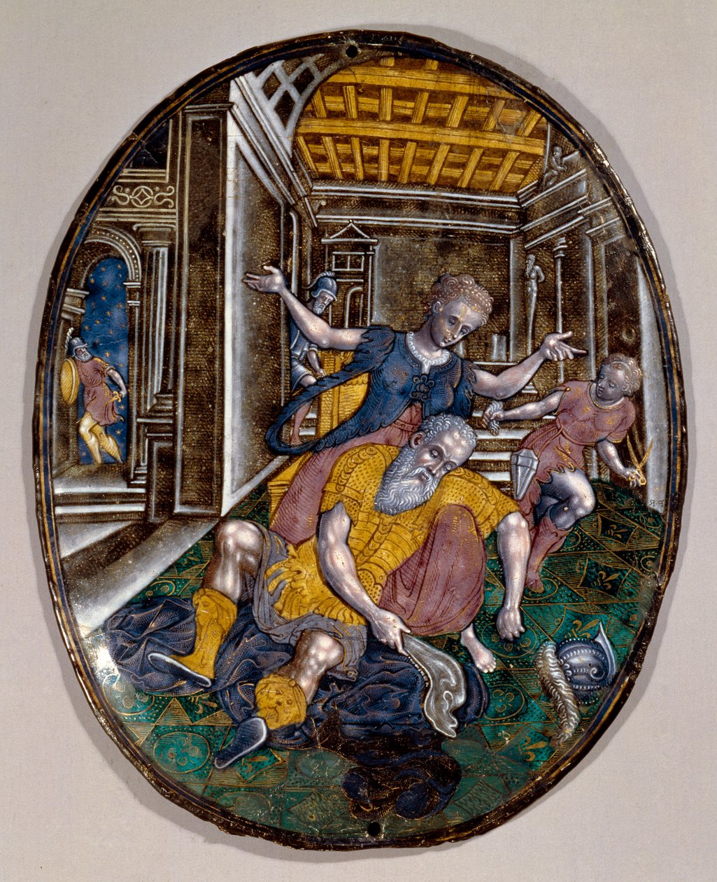 Sansone e Dalila: Sansone perde la forza dopo che Dalila gli taglia i capelli. Libretto di Limoges. Circa 1575. Londra, Victoria and Albert Museum da French School