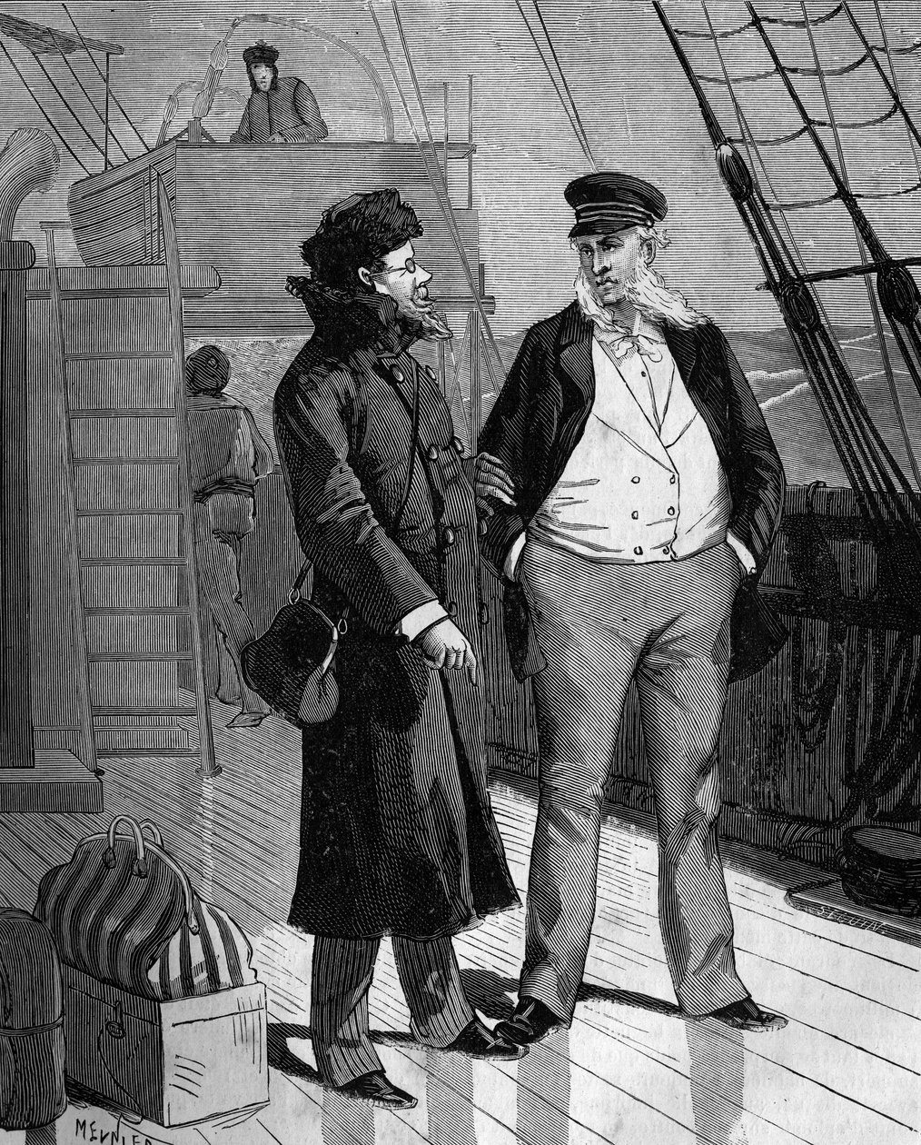 Samuel Finley Breese Morse (1791-1872), pittore e fisico americano, parla, al suo ritorno negli Stati Uniti, con il capitano della nave, della sua idea di un telegrafo elettrico. in "Storia popolare della scienza, invenzioni e scoperte" da French School