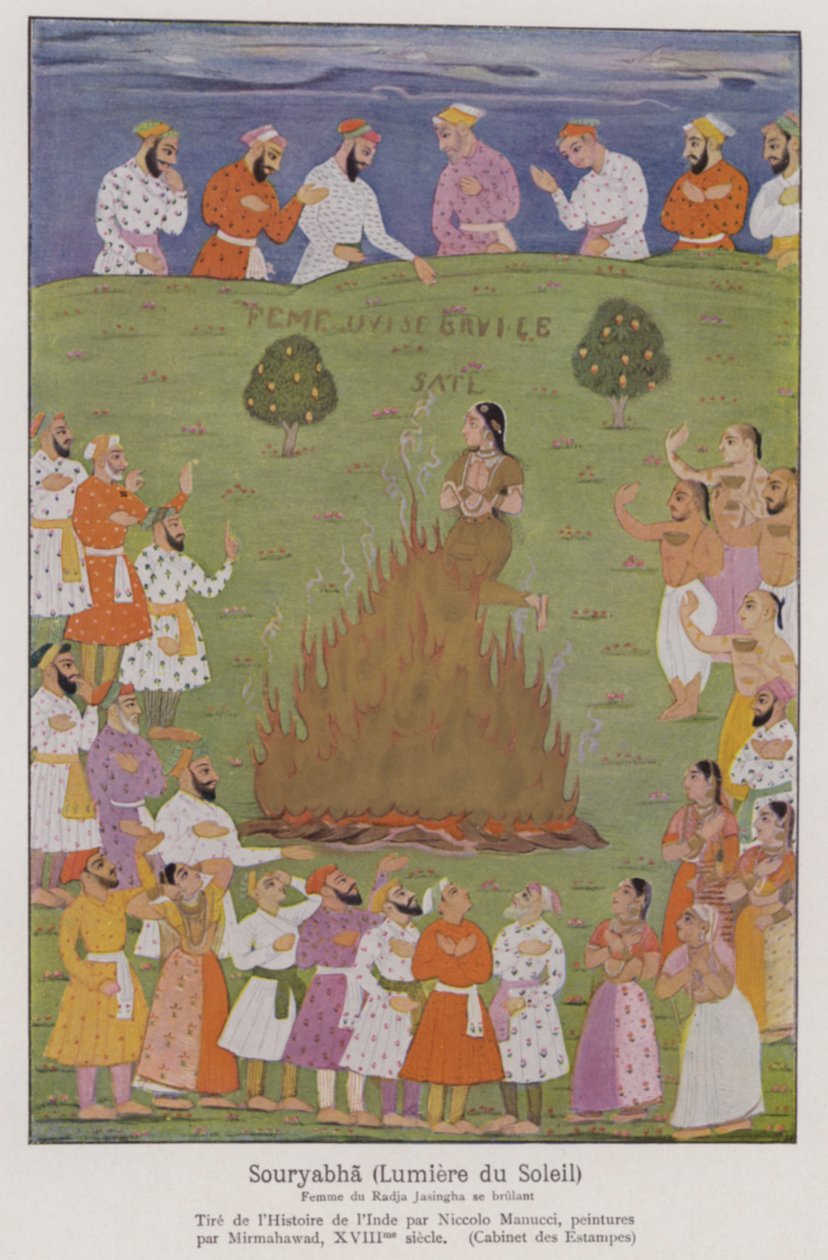 Sati, la tradizione della vedova che si immola sulla pira funeraria del marito in India (litografia a colori) da French School