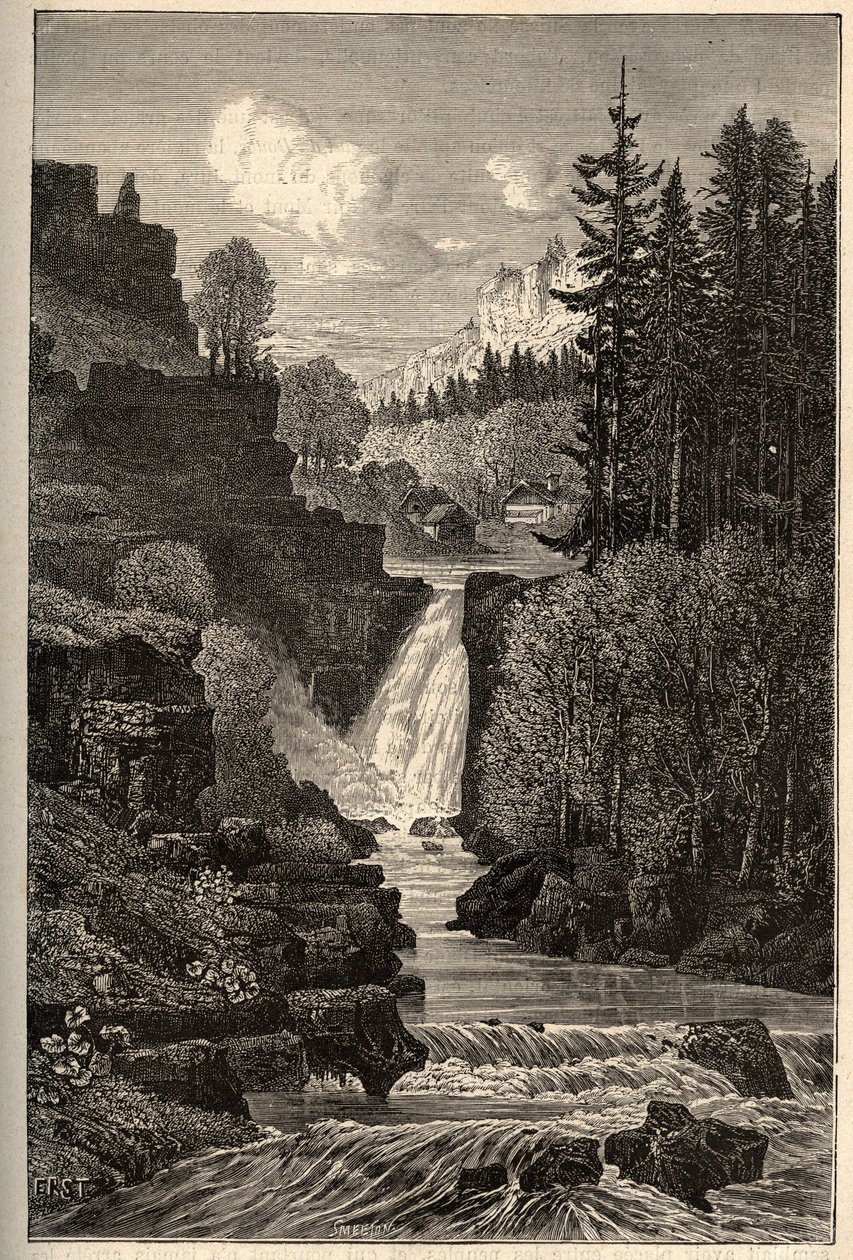 Saut du Doubs (cascata) Franche-Comté - incisione in "PATRIE" - DESCRIZIONE PITTORESCA DELLA FRANCIA IN 6 VOLUMI DI LUCIEN HUARD - fine XIX secolo da French School