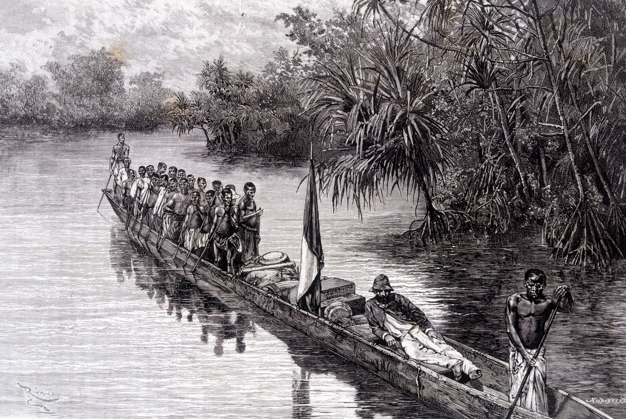 Savorgnan de Brazza in una canoa nei pandanus dell