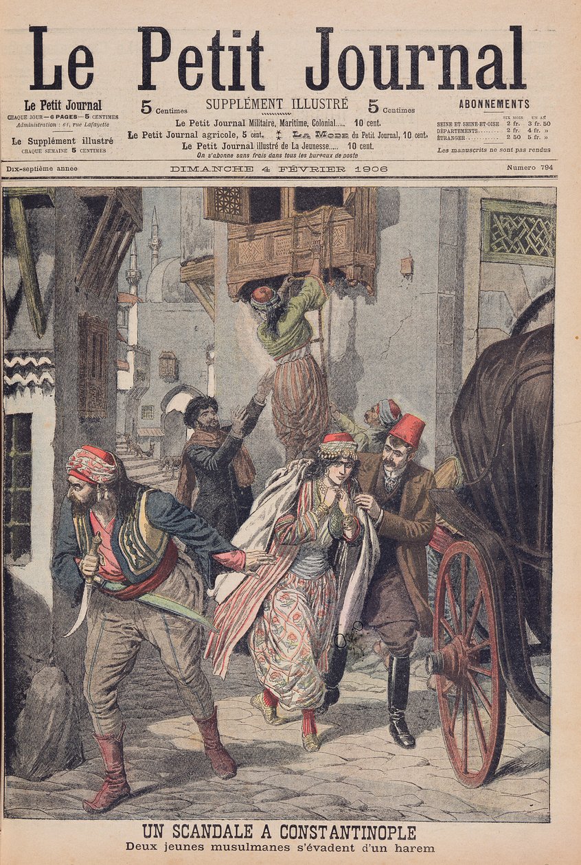 Scandalo a Costantinopoli, due giovani musulmane che fuggono da un harem, illustrazione da 