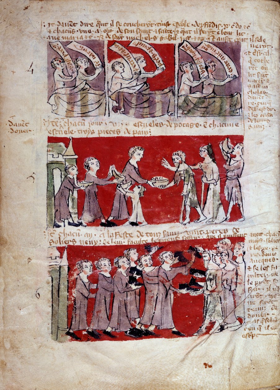 Scena di vita studentesca al Collegio Hubant o Ave Maria a Parigi. Scene di vita studentesca e regolamenti del collegio. Strisce 4-6. Pagina manoscritta del Libro degli statuti del Collegio di Hubant o dell