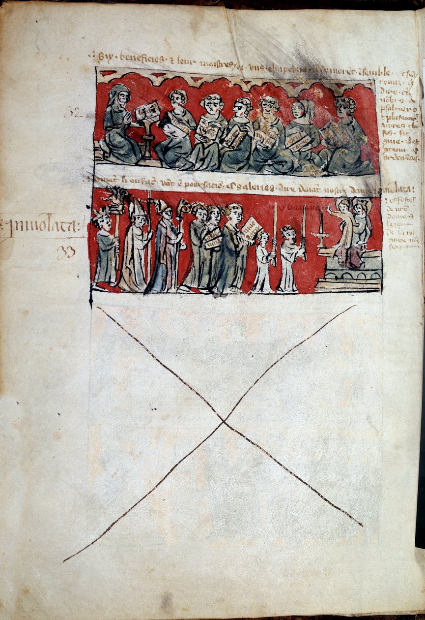 Scena di vita studentesca al Collegio Hubant o Ave Maria a Parigi. Scene di vita studentesca (preghiere) e regolamenti del collegio. Strisce 32-33. Pagina manoscritta del Libro degli statuti del Collegio di Hubant o dell