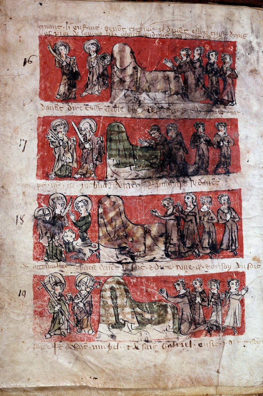 Scena di vita studentesca al Collegio Hubant o Ave Maria a Parigi. Scene di vita studentesca (rappresentazioni di evangelisti) e regolamenti del collegio. Strisce 16-19. Pagina manoscritta del Libro degli statuti del Collegio di Hubant o dell