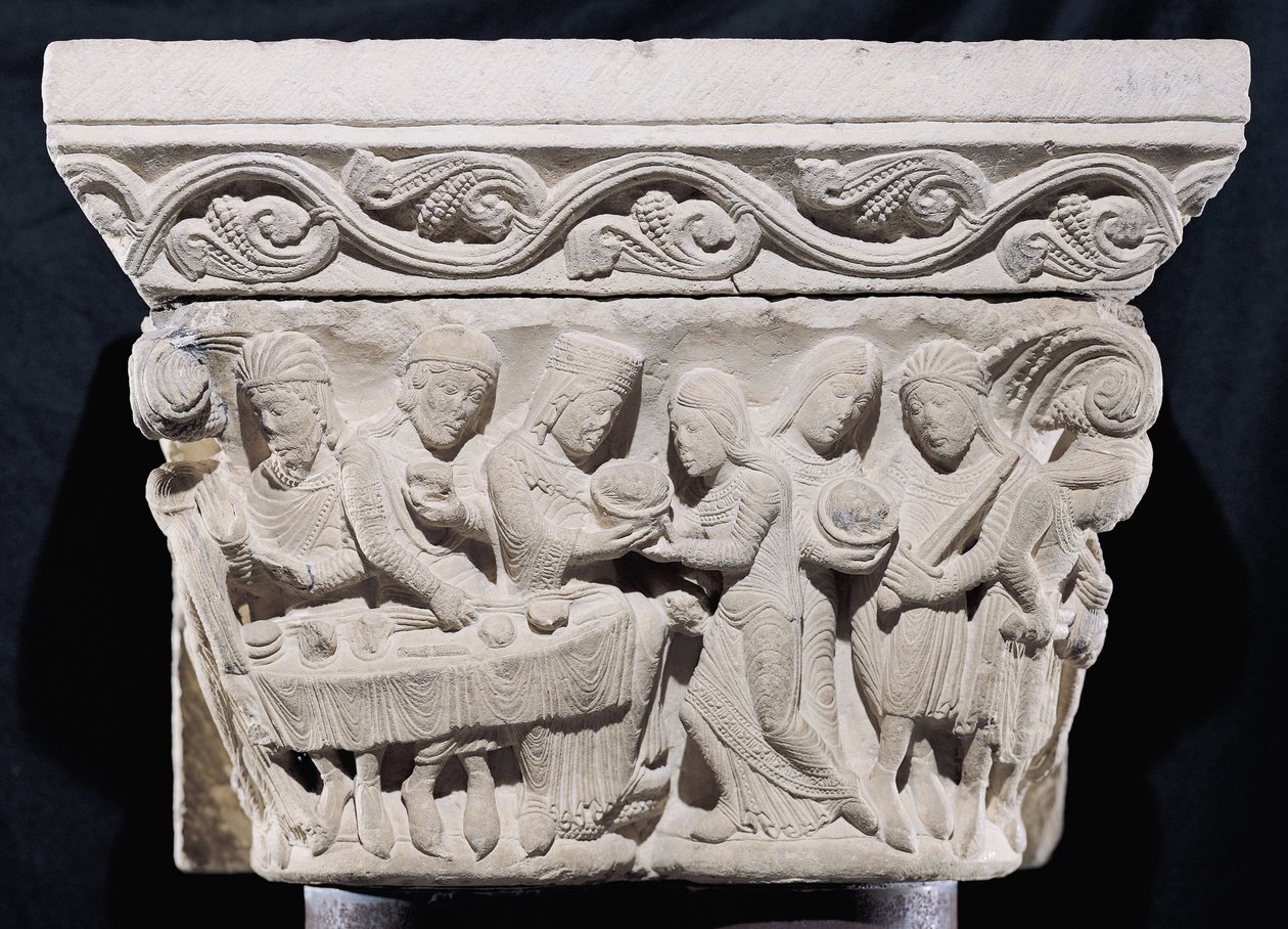 Scene dalla morte di San Giovanni Battista, rilievo da un capitello da French School