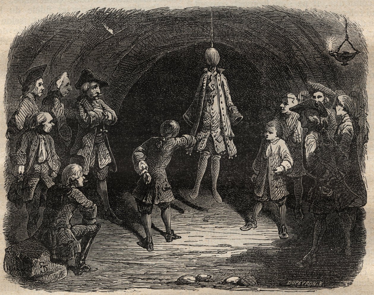 Scuola di ladri creata dal brigante Louis Dominique Garthausen detto Cartouche (1693-1721) in una cava a Parigi: un modello appeso al soffitto le cui tasche dovevano essere svuotate senza muoversi pena una pioggia di colpi da French School