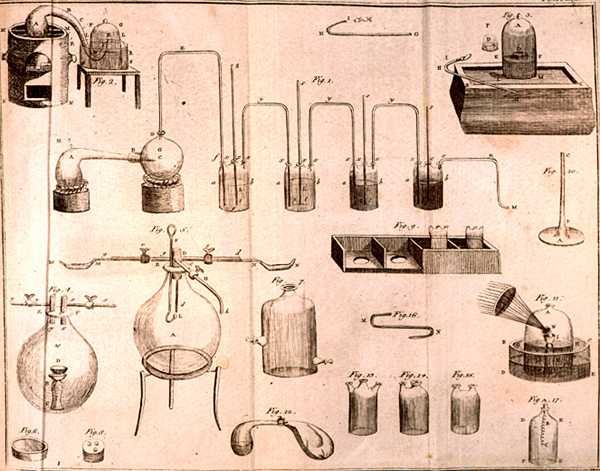 Attrezzatura scientifica, da Gli elementi della chimica di Antoine Laurent de Lavoisier, inciso da D.Lizars da French School