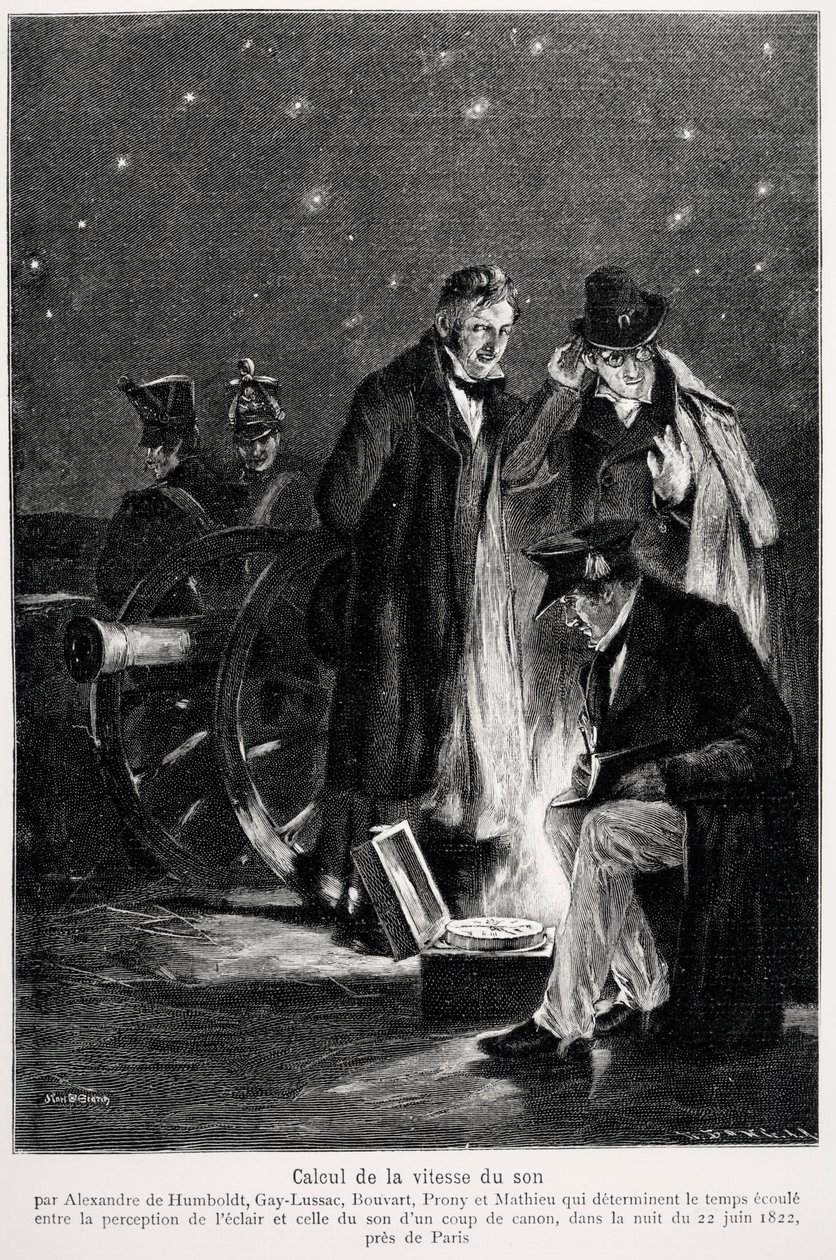 Esperimento scientifico: il calcolo della velocità del suono, di Humboldt, Louis-Joseph Gay-Lussac, Bouvard, Prony e Mathieu, che determinano il tempo trascorso tra la percezione della luce e quella di uno sparo, nella notte da French School