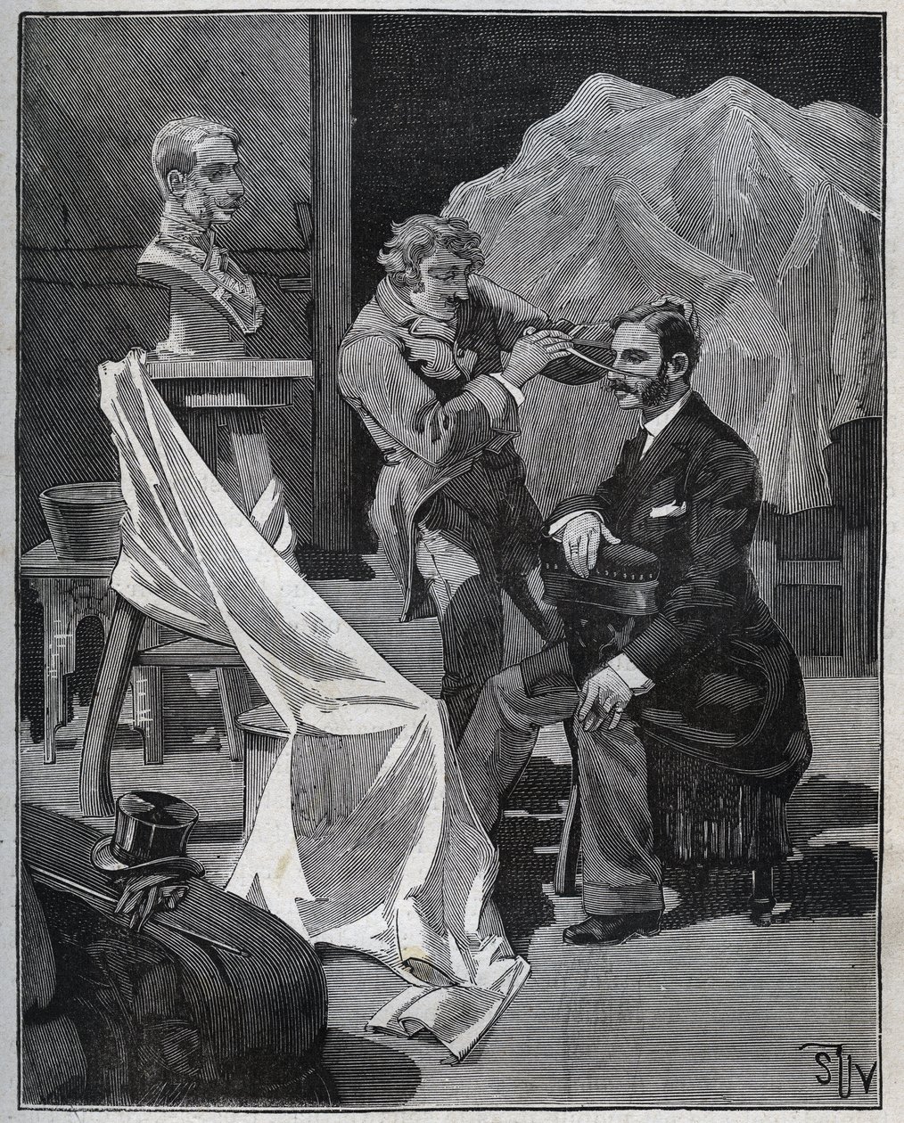 Scultura, laboratorio di uno scultore, messa a fuoco e scultura di un busto. Incisione del 1880 in "Les arts et métiers illustrés" di Adolphe Bitard da French School
