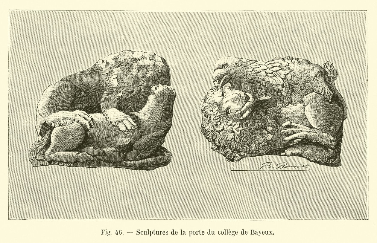 Sculture sulla porta del collegio di Bayeux (incisione) da French School