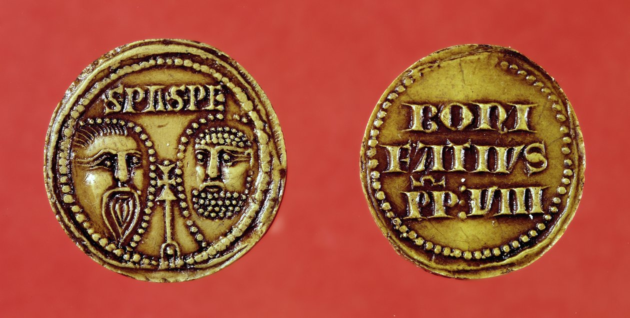 Sigillo con le teste di San Paolo e San Pietro, da una bolla di Papa Bonifacio VIII, recto e verso, 1295 da French School