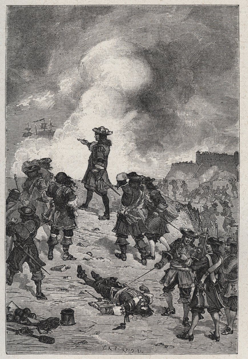 Sébastien Le Prestre signore di Vauban (1633-1717), maresciallo di Francia difende Brest contro un attacco della flotta inglese nel 1695 - incisione in "Les Hommes Célèbres de la France" di Louis Dumas 1889 da French School