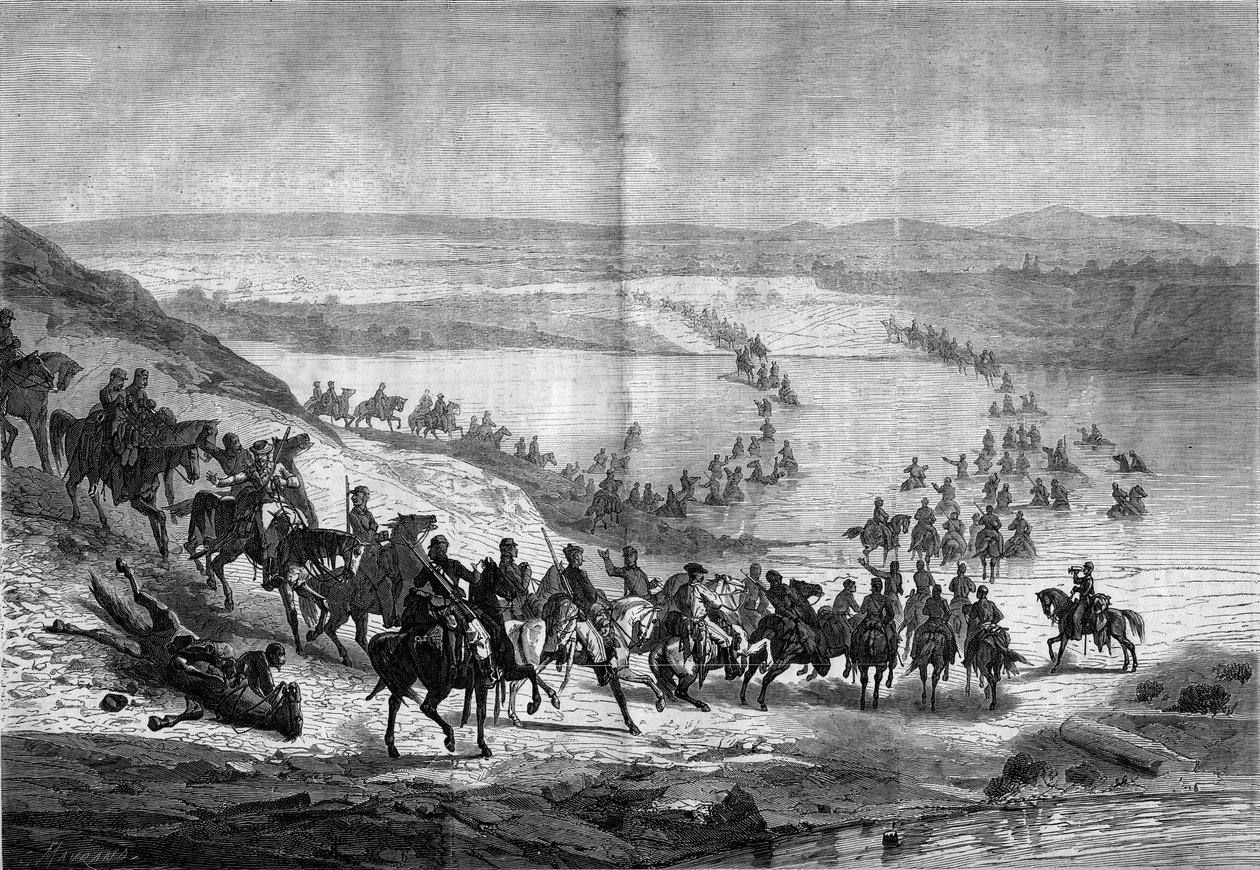 Guerra di Secessione (1861-1865) o Guerra Civile Americana: attraversamento del Potomac da parte della cavalleria meridionale del generale Stuart. Incisione in 
