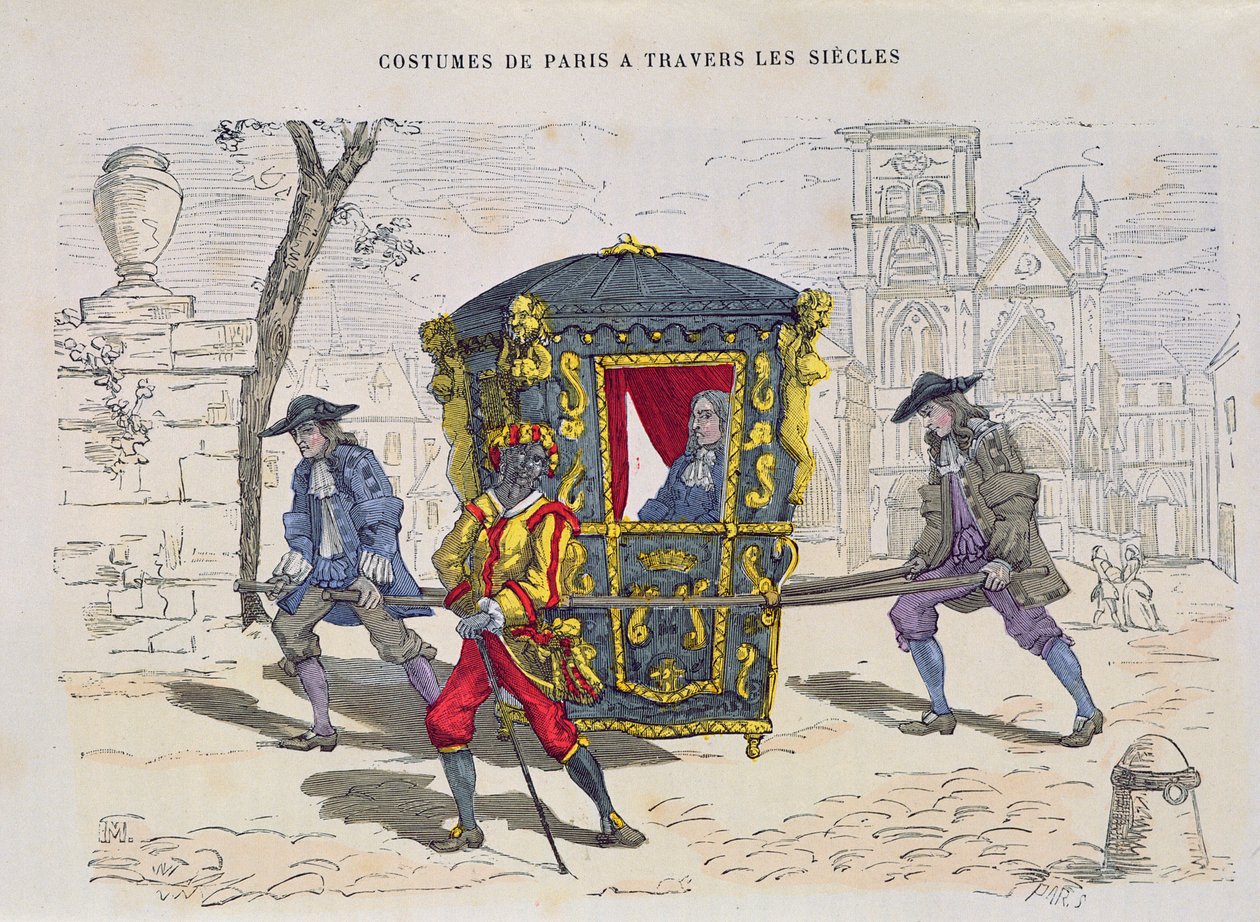 Sedia a portantina nel XVI secolo, da Costumes de Paris a Travers les Siecles, pubblicato nel 1887 da French School
