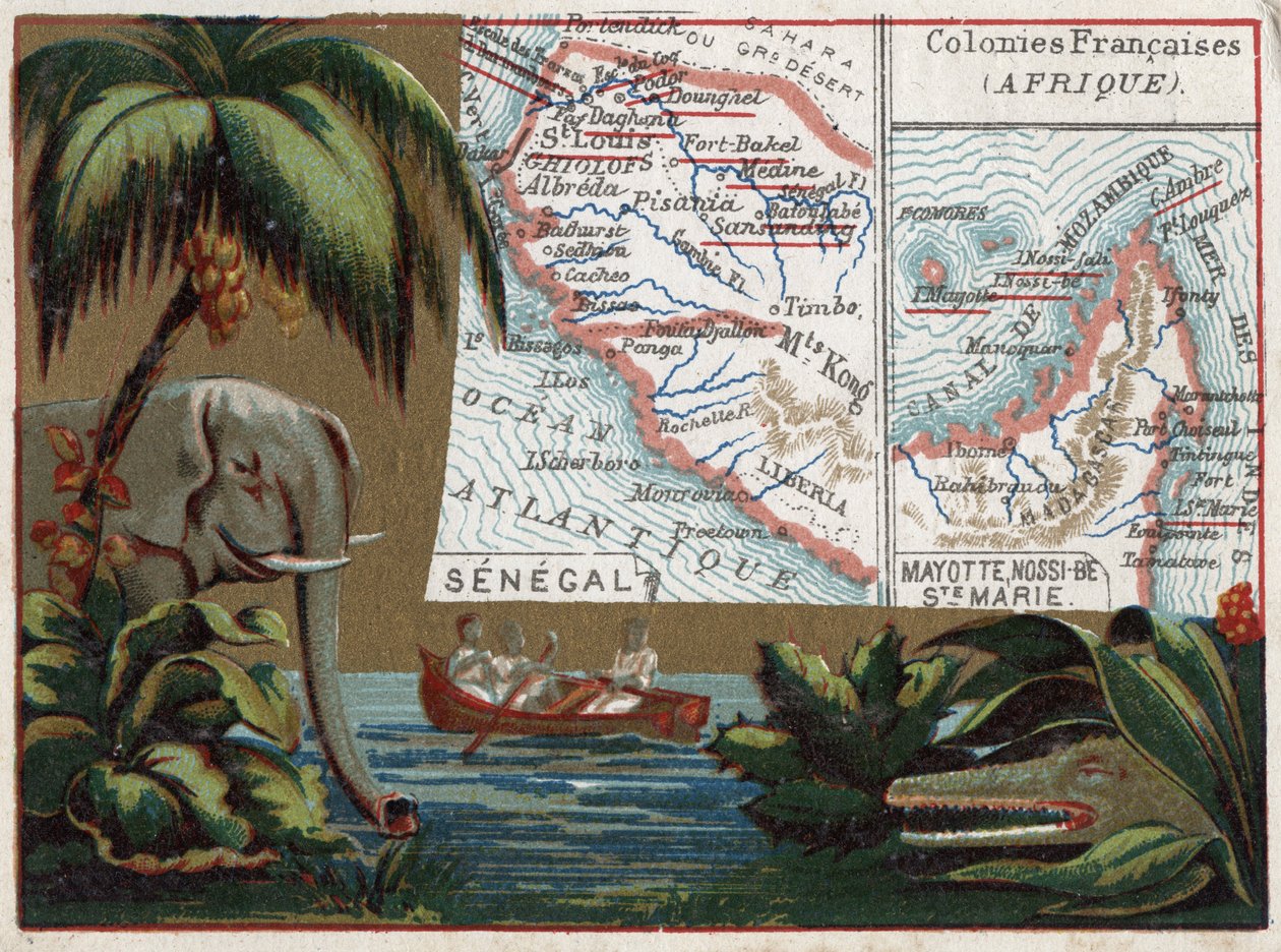Senegal, Mayotte, Ile de Sainte Marie, Nossi Be (Nossi-be o Nosy-be o Nosy be), Africa. Elefante, coccodrillo e barca in un fiume. Serie sulle colonie francesi. Cromolitografia "il filo geografico", circa 1920. Collezione privata da French School