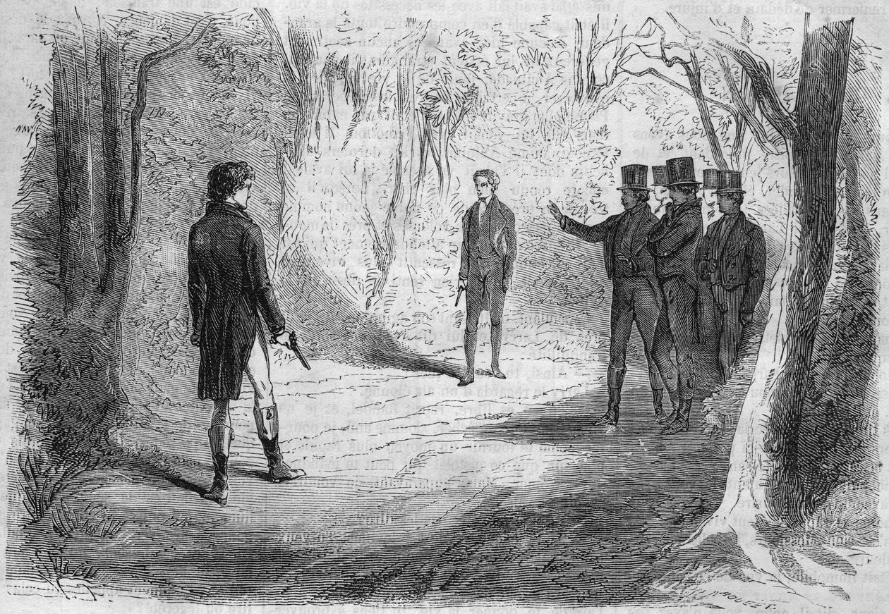 Romanzo a puntate: "Ricchi e Poveri" di Emile Souvestre (1806-1854). Il duello di Boissard e Larry. Incisione in "Les bons romances" da French School