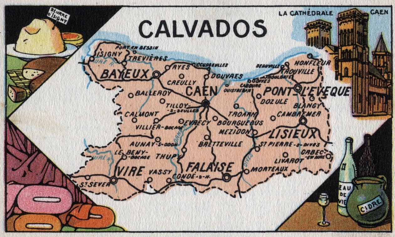 Serie di carte dei dipartimenti francesi: Le Calvados, inizio del XX secolo (cromo) da French School