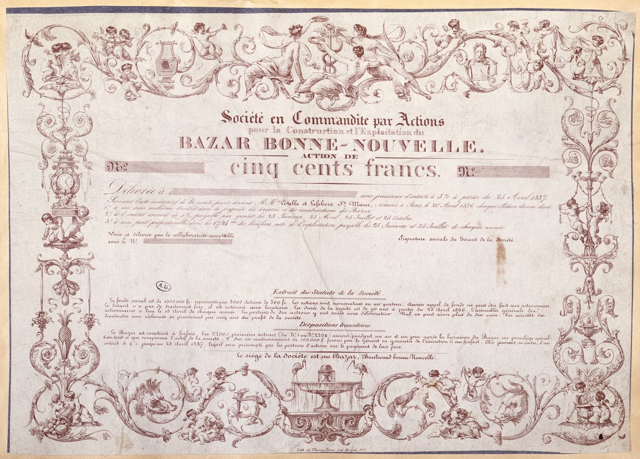 Certificato azionario per 500 franchi per il Bazar Bonne-Nouvelle, 1836 da French School