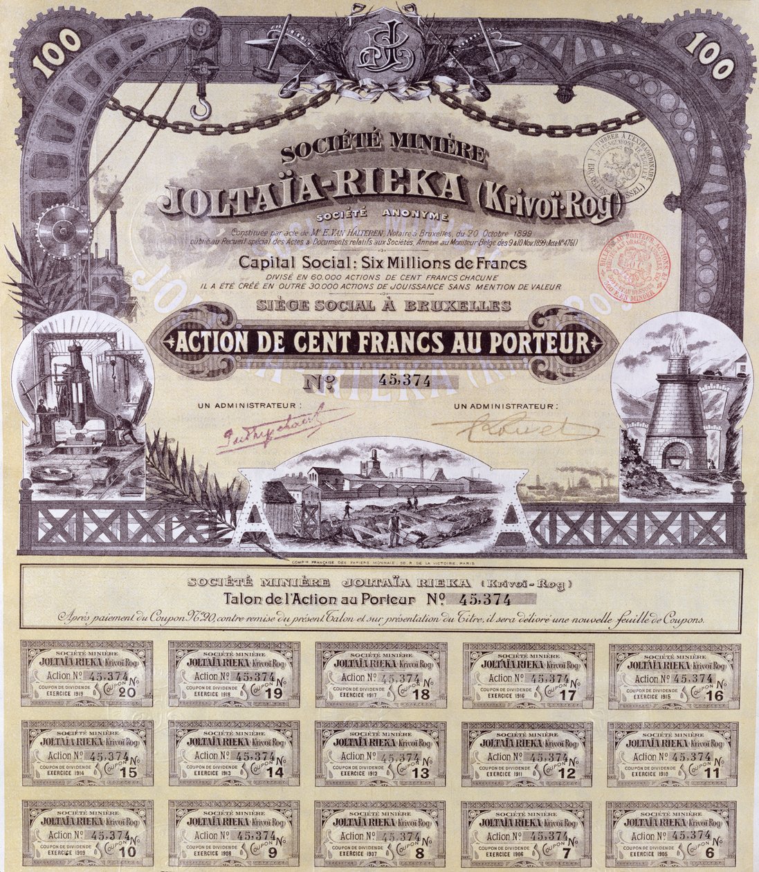 Certificato azionario per 100 franchi per la compagnia mineraria franco-russa Joltaia-Rieka, 1899 da French School
