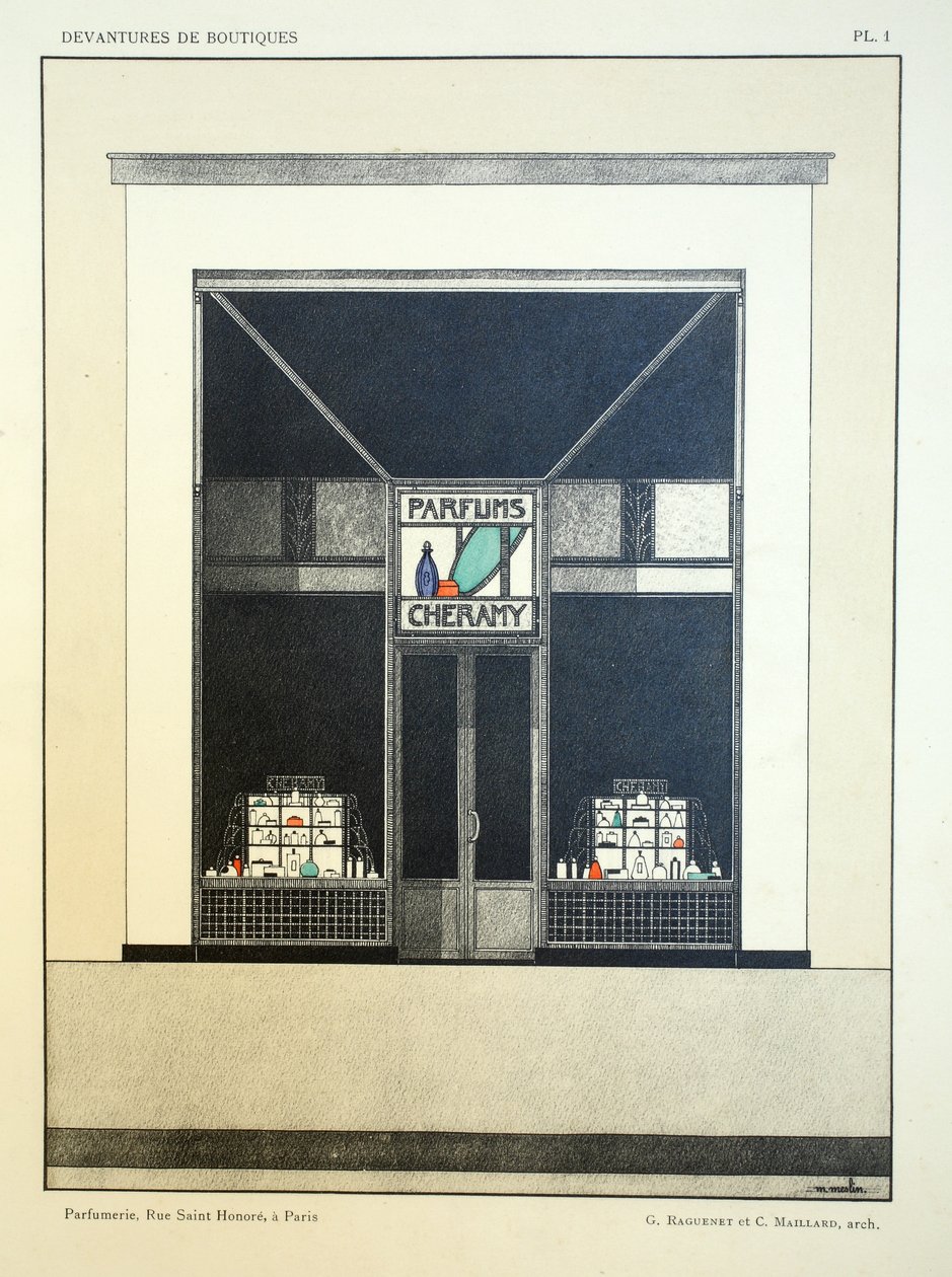 Vetrina del negozio, Tavola 1, illustrazione da Devantures de Boutiques di Louis-Pierre Sezille, Parigi, 1927 da French School