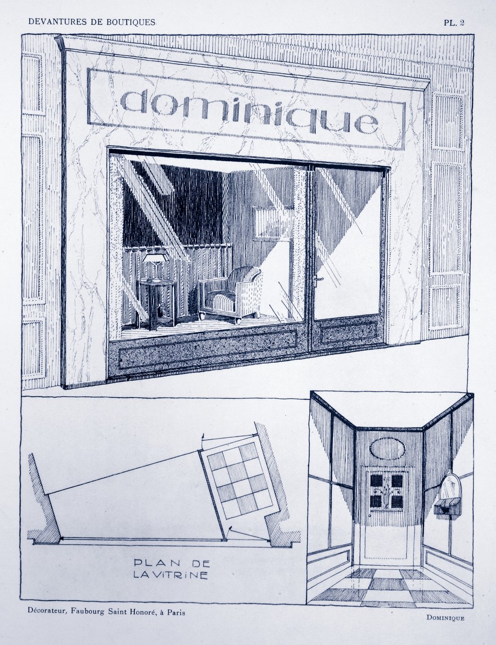 Vetrina del negozio, Tavola 2, illustrazione da Devantures de Boutiques di Louis-Pierre Sezille, Parigi, 1927 da French School