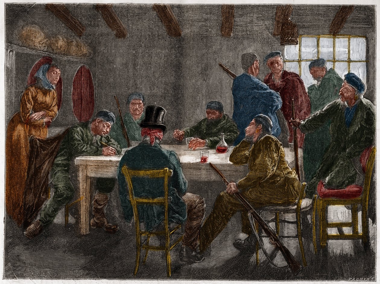 Mafia siciliana nel XIX secolo: Interrogatorio di un proprietario terriero rapito da mafiosi siciliani nel 1873. Incisione del 1873. da French School