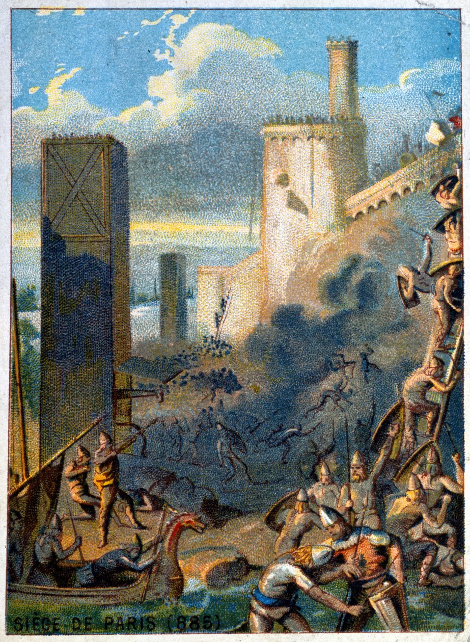 Assedio di Parigi (885) da parte dei Normanni (Vichinghi). Cromolitografia della Serie 