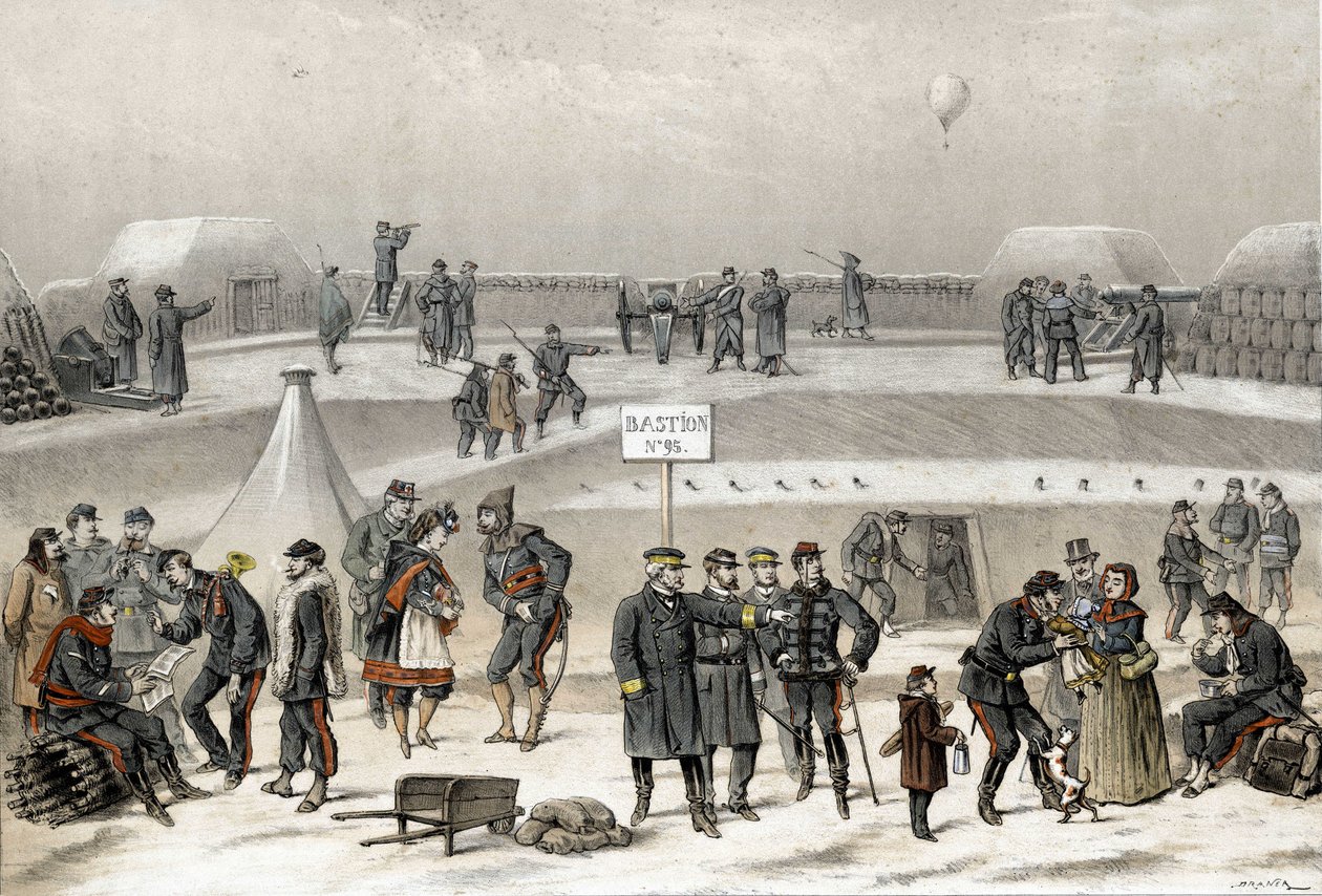 Assedio di Parigi nel 1870 durante la guerra 1870-1871. I soldati preparano la difesa della città: si vede un soldato nel bunker. da French School